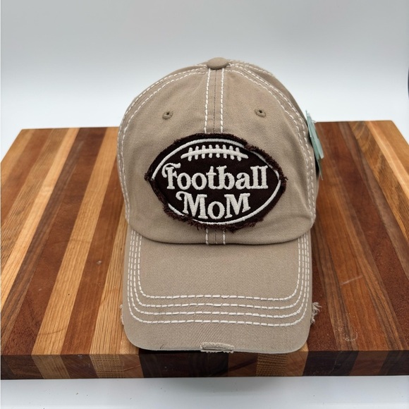 FOOTBALL MOM  ADJ. BALL CAP  COTTON KHAKI  FREYED EDGES NEW - Picture 1 of 14
